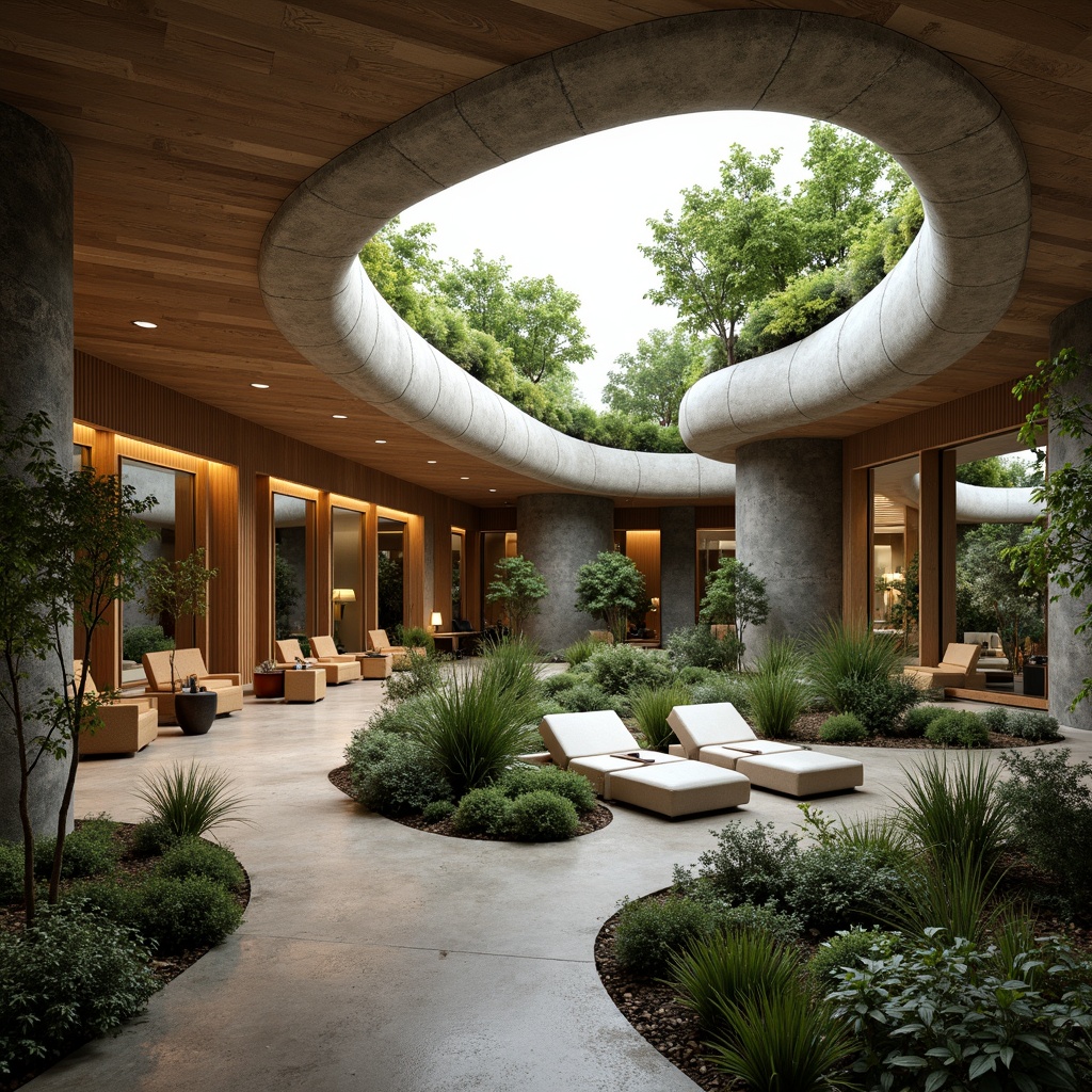 Prompt: Curved lines, fluid forms, natural materials, earthy tones, wooden accents, stone fa\u00e7ades, verdant roofs, lush green walls, organic architecture, free-form structures, irregular shapes, harmonious proportions, seamless transitions, minimalist interiors, warm ambient lighting, soft shadows, 3/4 composition, shallow depth of field, panoramic views, realistic textures, ambient occlusion.