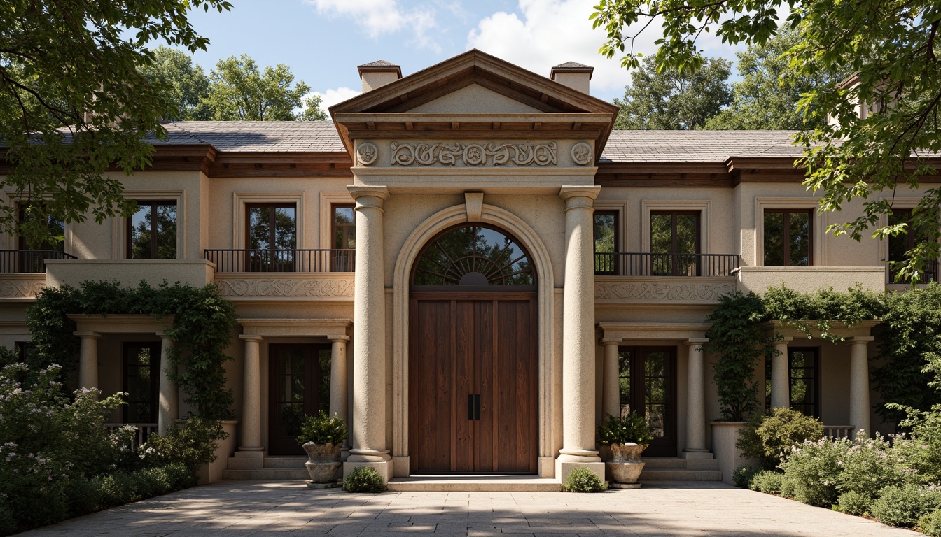 Prompt: Rustic academic facade, ornate stone carvings, grand entrance archways, columned porticos, slate roof tiles, ivy-covered walls, classical architectural details, symmetrical composition, harmonious proportions, earthy color palette, warm natural light, subtle shading, 1/2 composition, medium depth of field, realistic textures, ambient occlusion.