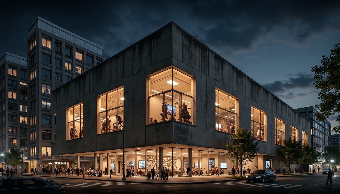 Prompt: Rugged concert house exterior, industrial concrete texture, raw exposed aggregate, brutalist architecture, geometric patterns, metallic accents, urban cityscape, nighttime ambiance, dramatic spotlighting, misty atmosphere, shallow depth of field, 1/2 composition, realistic normal maps, ambient occlusion.