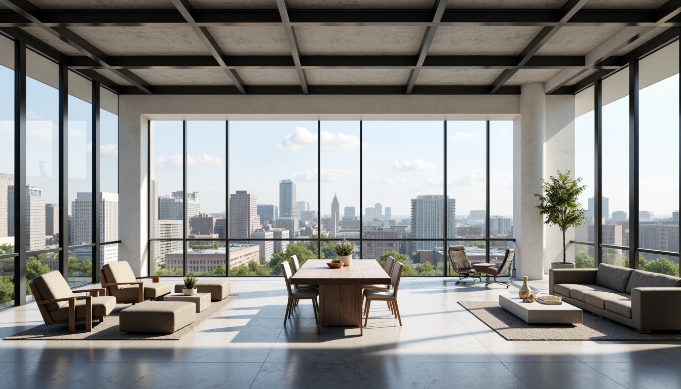 Prompt: Minimalist open floor plan, sleek metal beams, polished concrete floors, floor-to-ceiling windows, sliding glass doors, natural light-filled interior, neutral color palette, geometric-shaped furniture, functional decor, urban cityscape views, bustling streets, modern skyscrapers, international flair, 1/1 composition, symmetrical balance, shallow depth of field, softbox lighting, realistic textures, ambient occlusion.