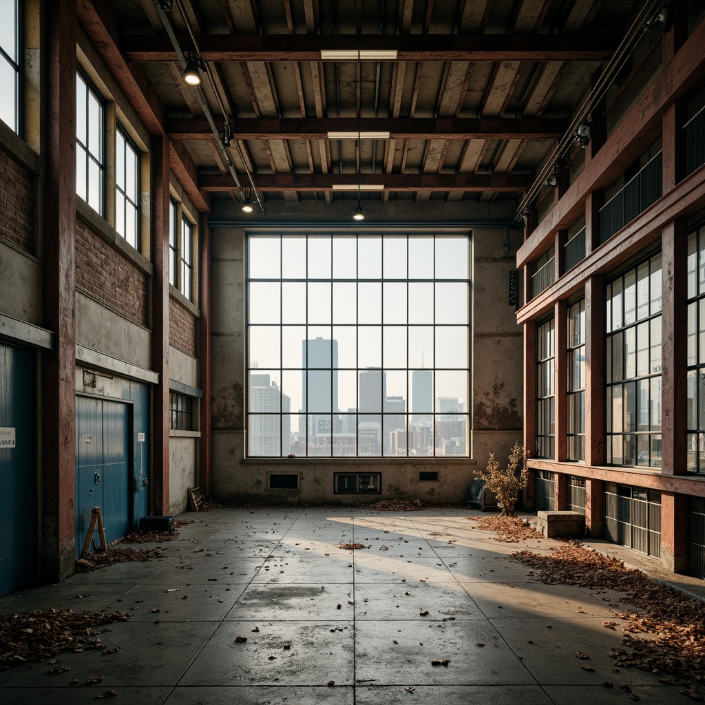 Prompt: Industrial factory setting, neoclassical architecture, weathered steel beams, exposed brick walls, worn wooden floors, distressed metal accents, muted color palette, earthy tones, warm beige, industrial grey, rusty red, deep blue, soft ambient lighting, high ceilings, large windows, urban landscape, cityscape views, hazy atmospheric effects, cinematic depth of field, 2.35