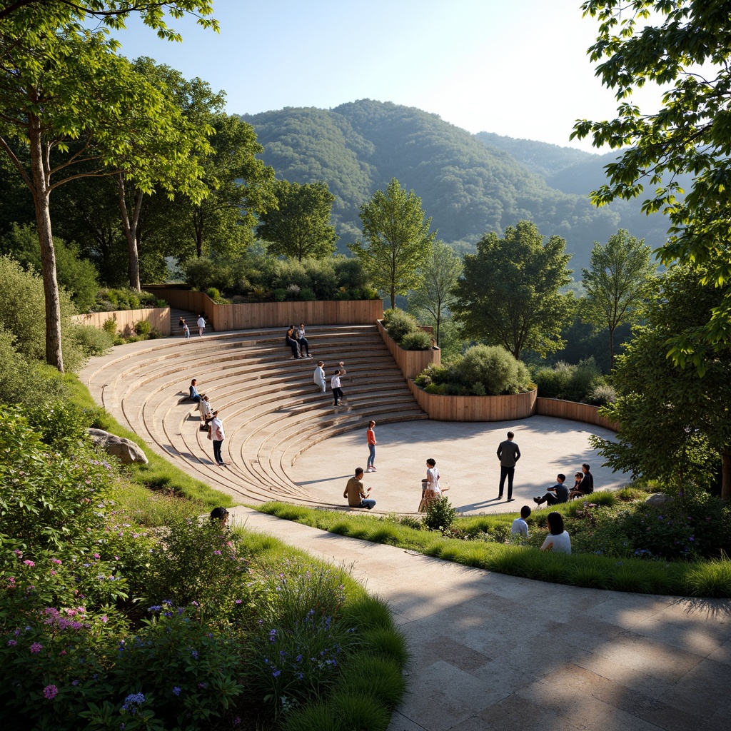 Prompt: Amphitheater sustainable architecture, lush greenery, natural stone seating, curved lines, earthy tones, eco-friendly materials, rainwater harvesting systems, solar panels, green roofs, minimal waste design, recyclable building materials, organic shapes, serene atmosphere, misting systems, shaded outdoor spaces, panoramic views, warm soft lighting, 3/4 composition, realistic textures, ambient occlusion.