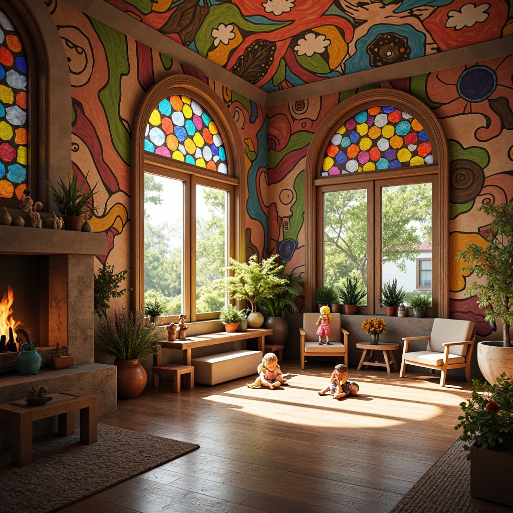 Prompt: Whimsical kindergarten, flowing curves, ornate lines, vibrant colors, organic shapes, stained glass windows, intricate wood carvings, wavy patterns, blooming flowers, natural materials, rustic wooden furniture, soft warm lighting, shallow depth of field, 1/1 composition, realistic textures, ambient occlusion, playful sculptures, colorful ceramics, decorative metalwork, fluid watercolors.