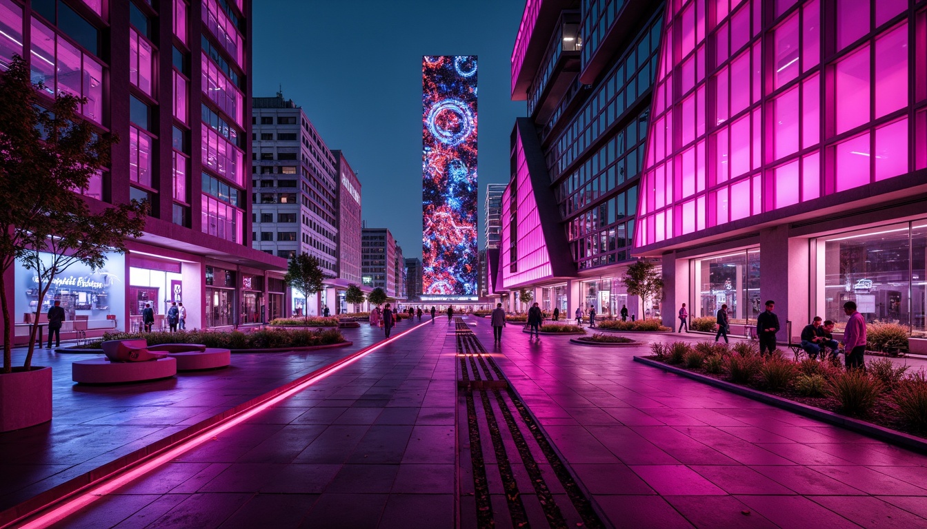 Prompt: Vibrant fuchsia accents, bold geometric shapes, futuristic architecture, neon-lit cityscape, sleek metallic surfaces, iridescent glass facades, kaleidoscope-inspired patterns, psychedelic color palette, avant-garde design, experimental structures, urban landscape, nighttime atmosphere, high-contrast lighting, shallow depth of field, 1/2 composition, dramatic shadows, abstract textures.