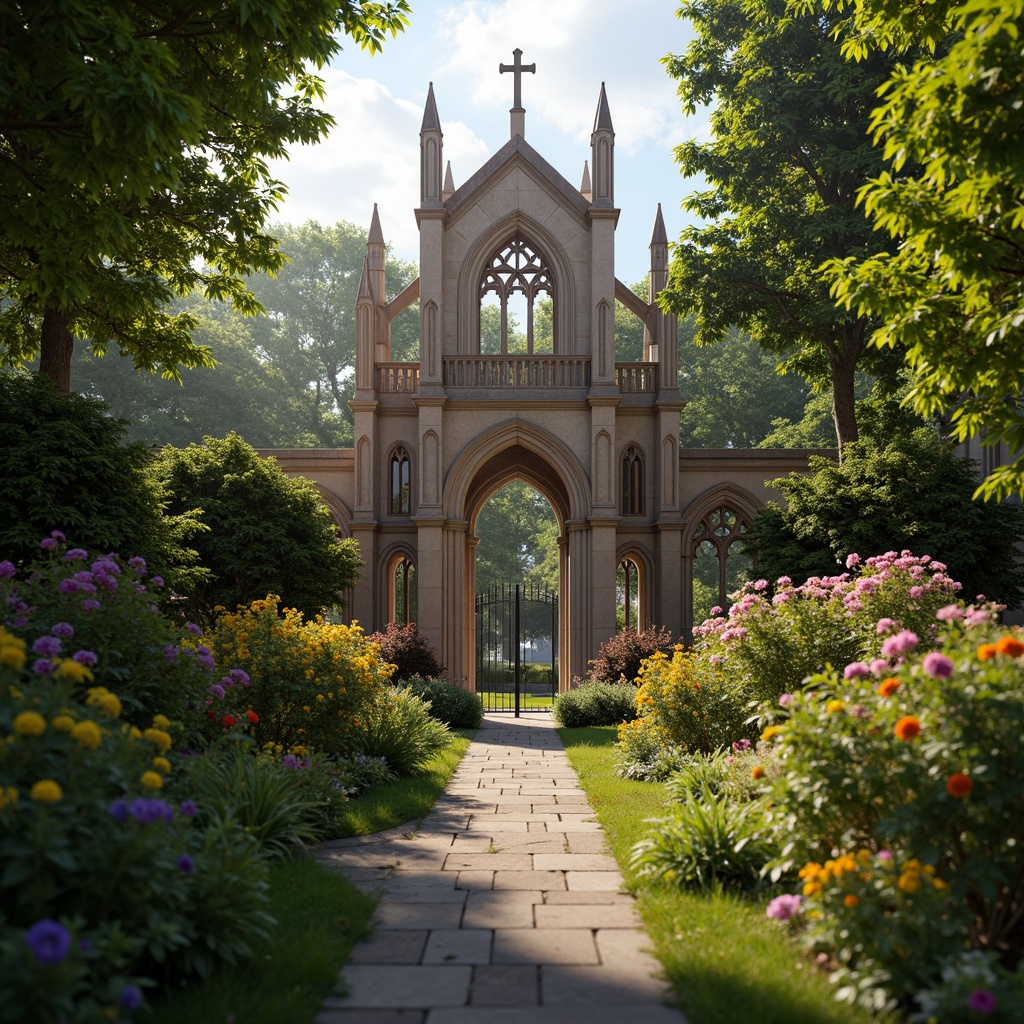 Prompt: Majestic park landscape, lush greenery, vibrant flowers, meandering pathways, Gothic arches, ornate stone carvings, pointed ribbed vaults, flying buttresses, grand entrance gates, intricately designed ironwork, mystical ambiance, warm soft lighting, shallow depth of field, 1/2 composition, symmetrical framing, realistic textures, ambient occlusion.