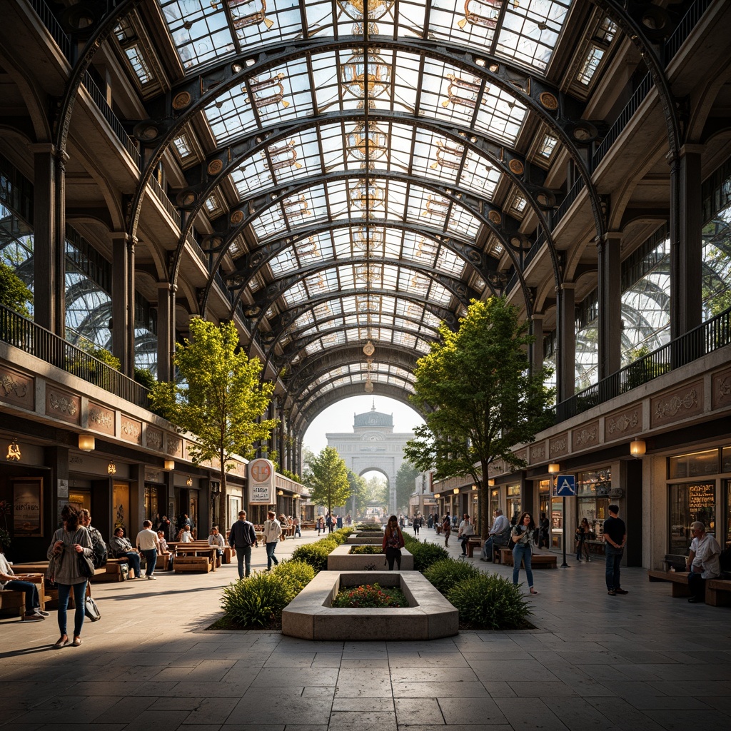 Prompt: Grandiose train station, ornate ironwork, flowing organic lines, stained glass canopies, curved fa\u00e7ades, elegant clock towers, intricate mosaics, vibrant ceramic tiles, ornamental railings, lush greenery, urban plaza, bustling cityscape, morning sunlight, soft warm glow, shallow depth of field, 1/2 composition, symmetrical framing, high-dynamic-range imaging, realistic textures, ambient occlusion.