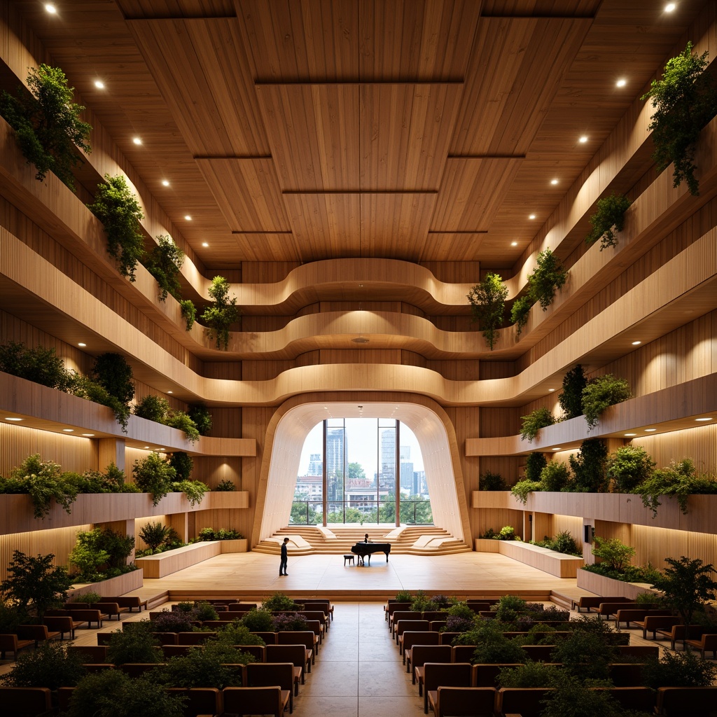 Prompt: Organic concert hall, flowing curves, natural wood tones, acoustic panels, undulating ceiling, cantilevered balconies, grand piano, intimate performance space, soft warm lighting, shallow depth of field, 1/1 composition, symmetrical architecture, minimalist decor, earthy color palette, lush greenery, living walls, natural stone flooring, reclaimed wood accents, floor-to-ceiling windows, panoramic views, realistic textures, ambient occlusion.