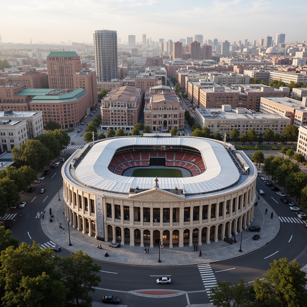 Prompt: Historic cityscape, neoclassical stadium architecture, grandiose columns, ornate facades, symmetrical design, elegant arches, vibrant urban atmosphere, bustling streets, modern amenities, sleek glass surfaces, metallic structures, intricate stone carvings, lush green roofs, panoramic views, shallow depth of field, 3/4 composition, warm afternoon lighting, realistic textures, ambient occlusion.