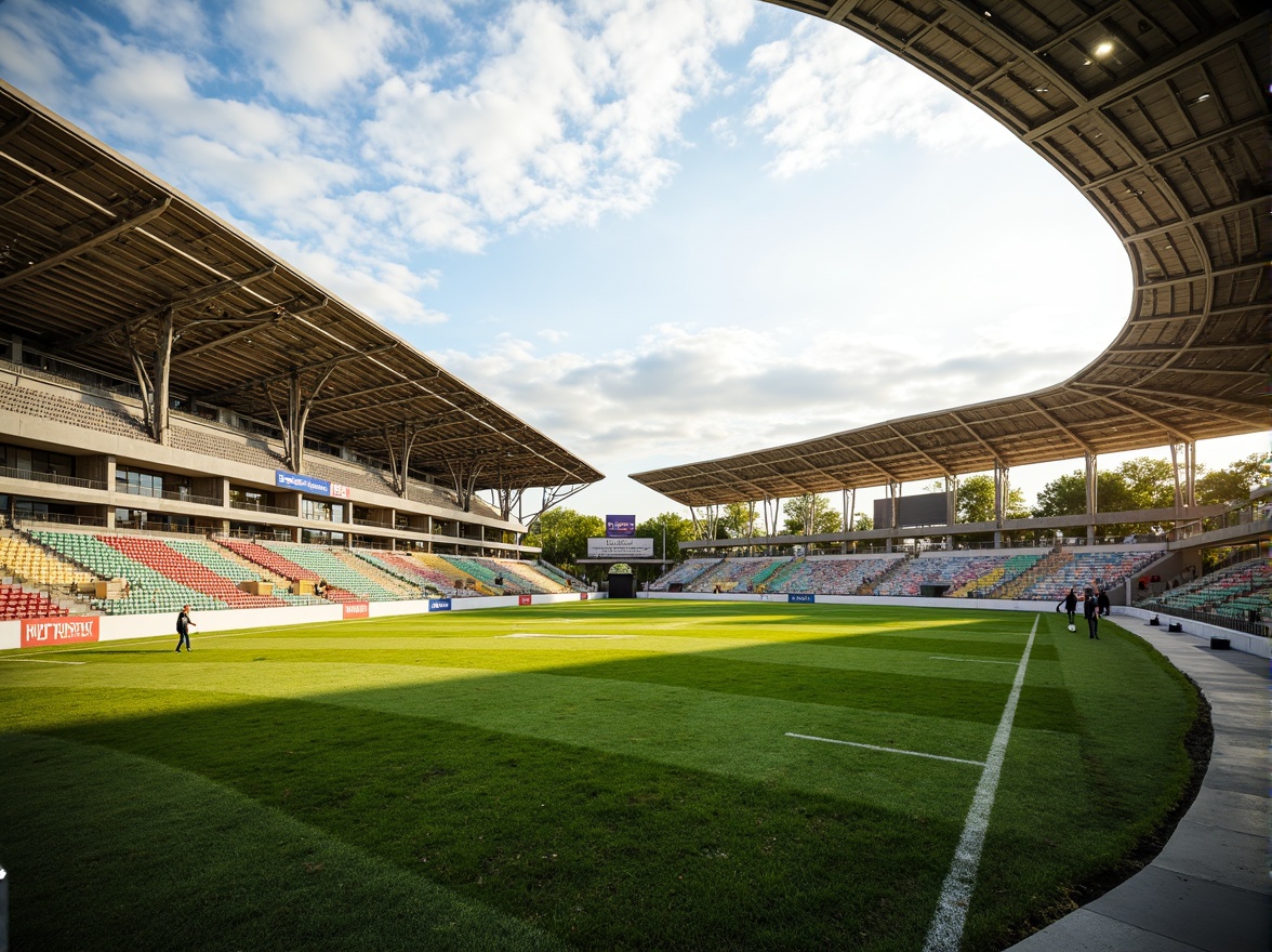 Prompt: Organic sports stadium, undulating grassy hills, flowing white tracks, curvaceous spectator seats, dynamic floodlights, sleek metallic fences, vibrant colorful signage, natural stone accents, modernist architecture, sweeping rooflines, translucent canopies, atmospheric misting systems, warm golden lighting, shallow depth of field, 1/2 composition, panoramic view, realistic textures, ambient occlusion.