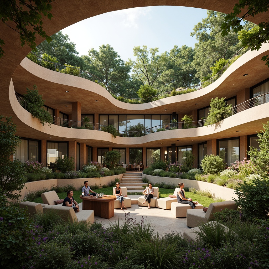 Prompt: Curved lines, fluid forms, natural materials, earthy tones, sustainable architecture, green roofs, living walls, organic structures, free-flowing spaces, whimsical patterns, botanical inspirations, blooming gardens, serene ambiance, soft warm lighting, shallow depth of field, 1/2 composition, realistic textures, ambient occlusion.