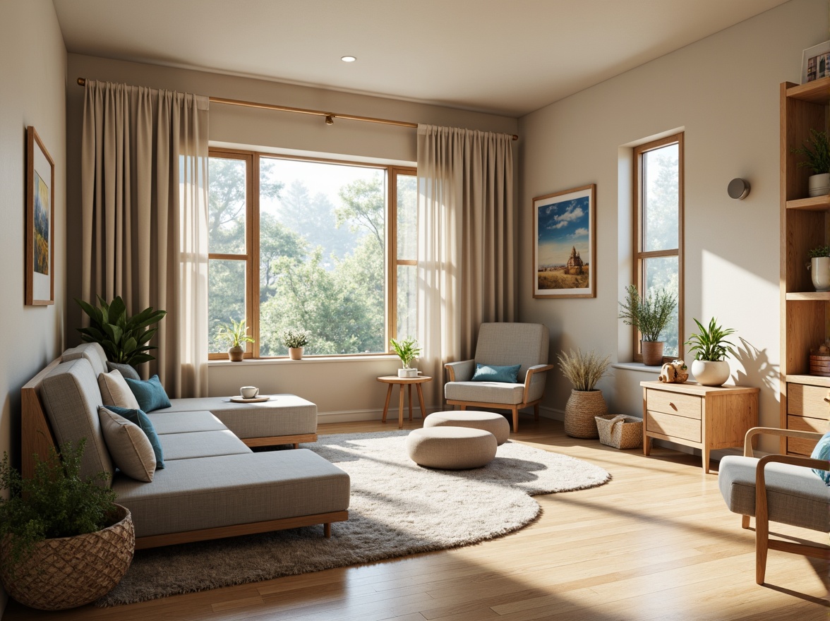 Prompt: Cozy dorm room, warm beige walls, soft gray furniture, calming blue accents, natural wood tones, plush area rugs, vibrant greenery, floor-to-ceiling windows, abundant sunlight, modern minimalist decor, functional storage units, comfortable bedding, relaxing ambiance, soothing pastel hues, creamy whites, rich wood grains, subtle texture contrasts, 1/1 composition, softbox lighting, warm color temperature.