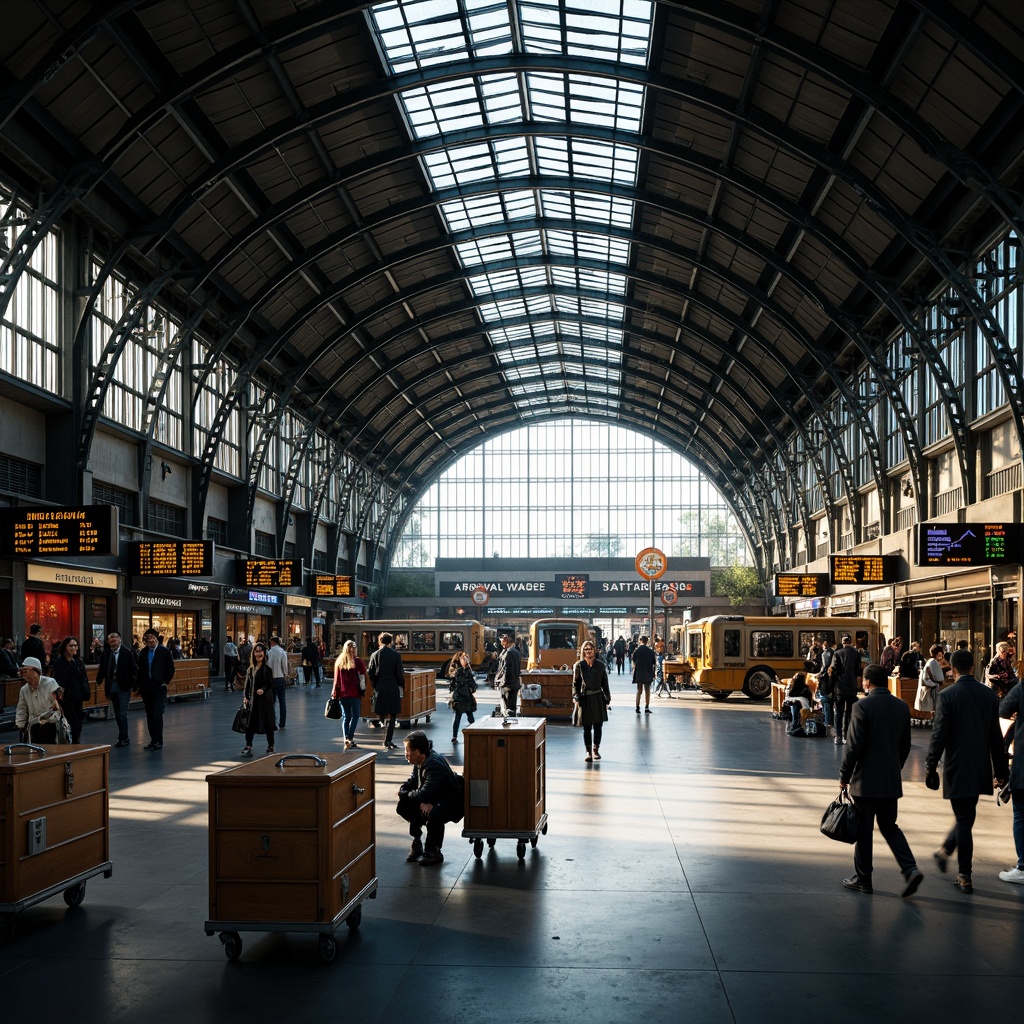 Prompt: Modern train station, grandiose architecture, high ceilings, large windows, natural light, LED lighting, futuristic ambiance, urban scenery, bustling atmosphere, rush hour crowds, steel beams, concrete floors, industrial chic, vintage luggage carts, arrival and departure boards, neon signs, dynamic shadows, warm color temperatures, 1/2 composition, shallow depth of field, realistic textures, ambient occlusion.