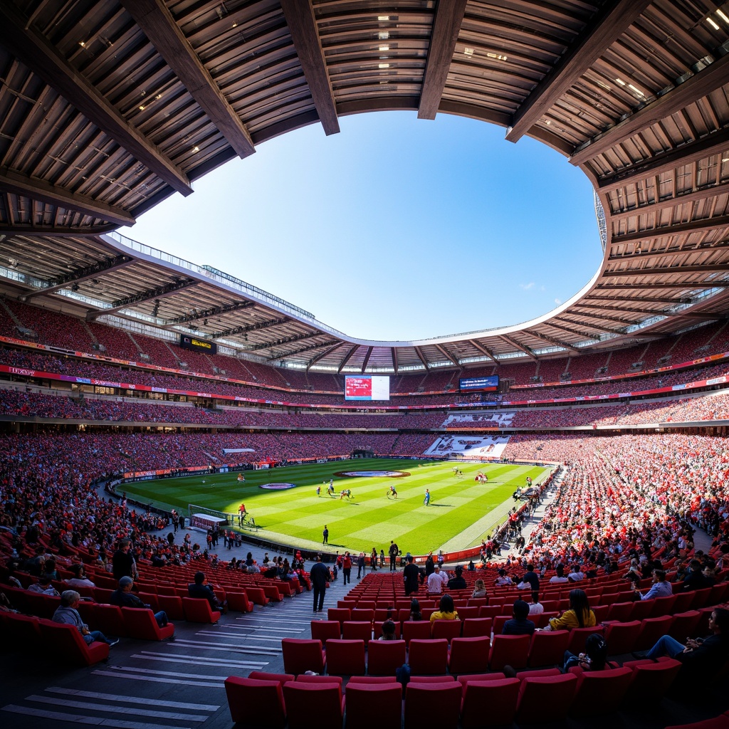 Prompt: Vibrant stadium interior, bold color schemes, dynamic lighting effects, sleek metal structures, modern angular lines, energetic crowd atmosphere, intense spotlighting, dramatic shadows, contrastive color blocking, psychological color manipulation, emotional brand identity, immersive fan experience, futuristic architectural design, massive video screens, electric scoreboard displays, comfortable seating areas, intricate circulation routes, natural ventilation systems, sustainable building materials, bright sunny days, warm afternoon lighting, shallow depth of field, 3/4 composition, panoramic view, realistic textures, ambient occlusion.