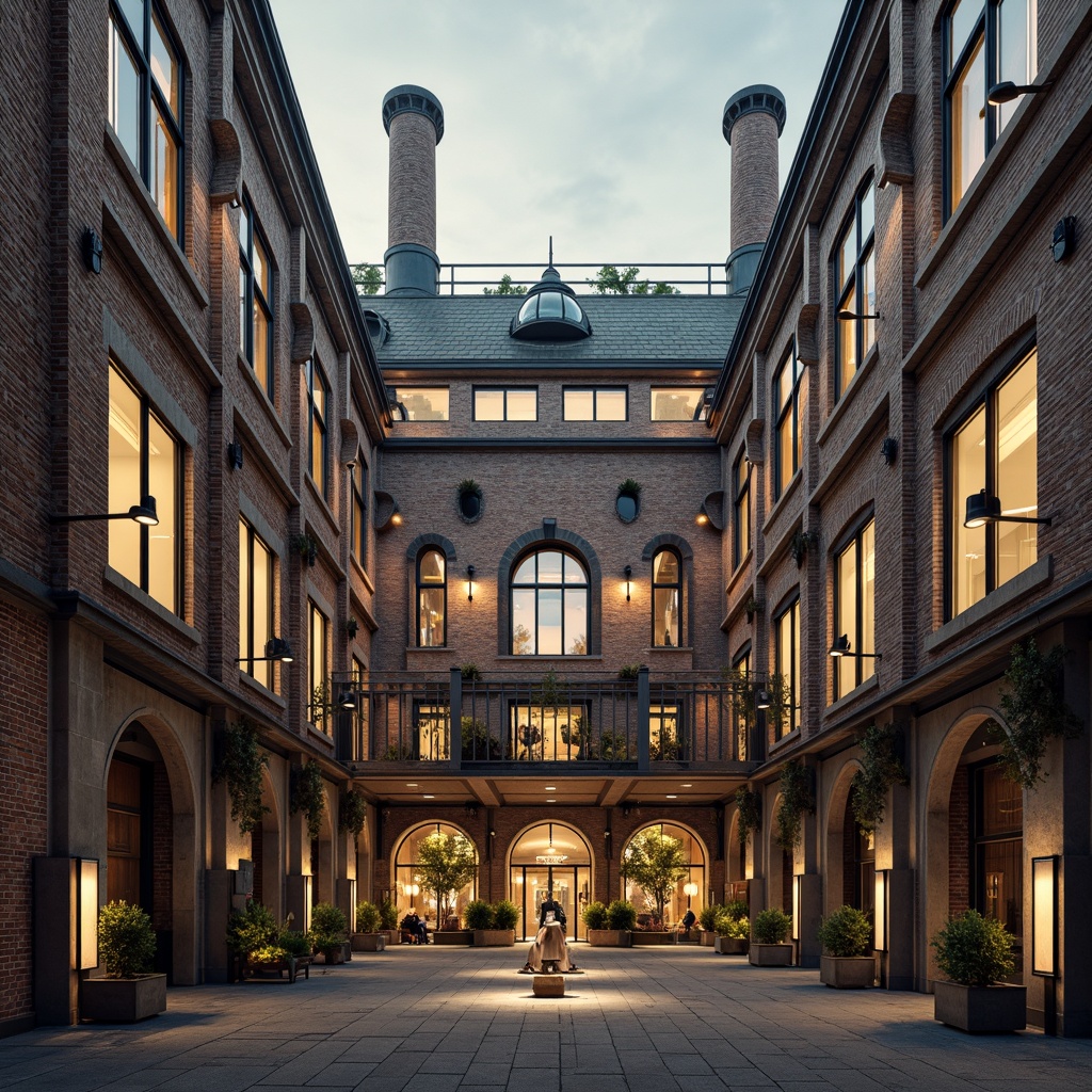 Prompt: Industrial factory building, Neoclassical facade design, symmetrical composition, grand entrance, ornate columns, arched windows, rusticated stone walls, metal roof trusses, industrial chimneys, vintage machinery, distressed brick textures, weathered steel frames, warm golden lighting, soft focus, shallow depth of field, 1/2 composition, realistic rendering, ambient occlusion.