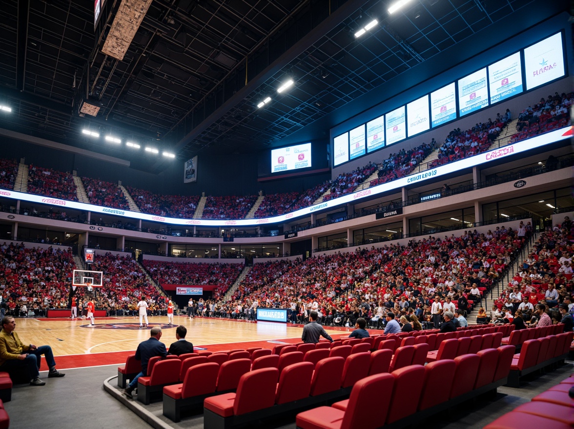 Prompt: Tiered seating, vibrant team colors, curved rows, comfortable cushioning, clear visibility, high-angle views, steep upper decks, lower-level concourses, VIP luxury suites, glass-enclosed boxes, media broadcasting areas, LED scoreboards, dynamic lighting systems, electric atmosphere, packed crowds, cheering fans, 3/4 composition, low-angle shots, realistic textures, ambient occlusion.