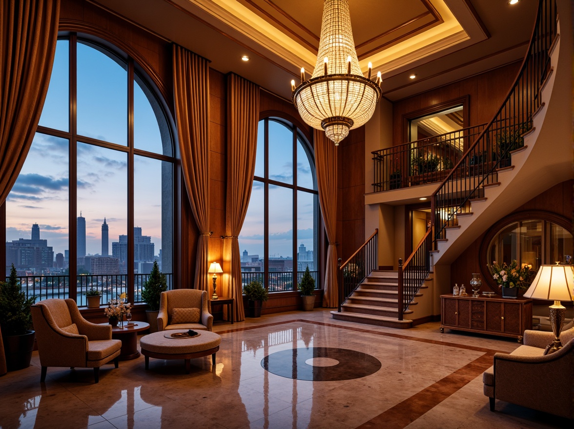 Prompt: Luxurious penthouse, lavish decorations, ornate railings, grand entrance, sweeping staircases, crystal chandeliers, velvet drapes, rich wood paneling, marble flooring, romantic balconies, breathtaking city views, soft golden lighting, warm candlelight, 1/2 composition, shallow depth of field, panoramic view, realistic textures, ambient occlusion.