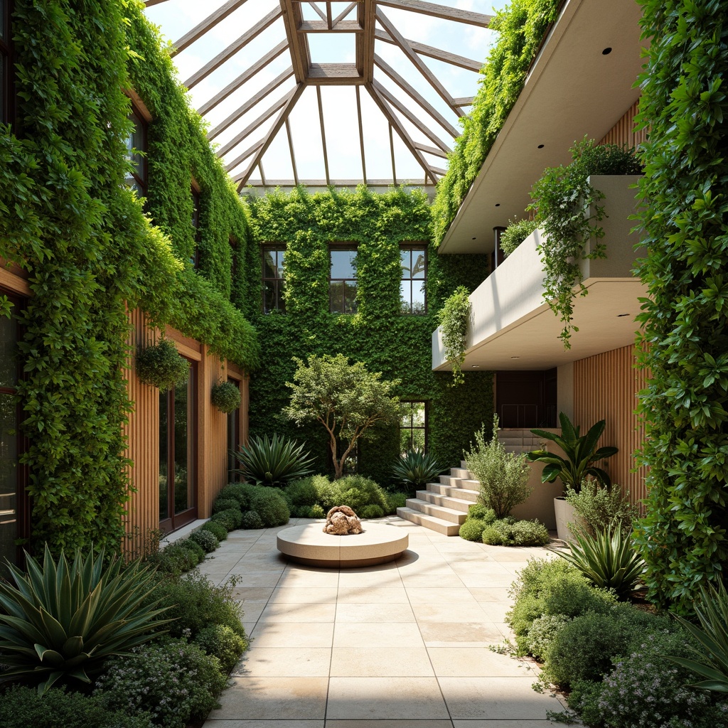 Prompt: Vibrant green walls, lush living plants, natural stone flooring, reclaimed wood accents, organic shapes, curved lines, earthy color palette, abundant daylight, clerestory windows, skylights, nature-inspired patterns, botanical prints, eco-friendly materials, minimal ornamentation, seamless transitions, harmonious spatial flow, 1/1 composition, soft warm lighting, shallow depth of field, realistic textures, ambient occlusion.