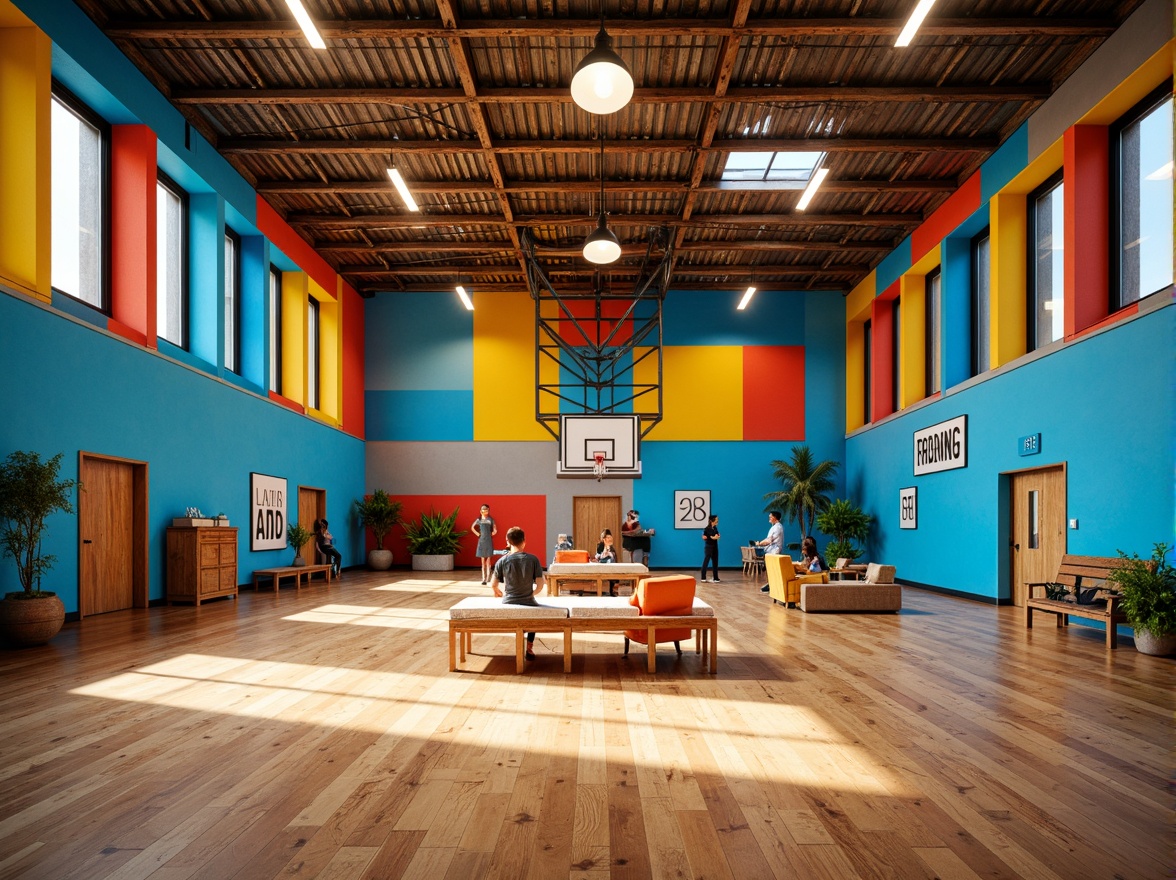 Prompt: Vibrant gymnasium interior, eclectic mix of modern and vintage elements, bold color blocks, bright blue accent walls, warm wooden floors, distressed metal beams, industrial-style lighting fixtures, abstract geometric patterns, mismatched furniture pieces, bold typography signage, natural stone accents, reclaimed wood textures, oversized athletic equipment, dynamic shadows, high-contrast lighting, 2.35 aspect ratio, cinematic composition, stylized reflections, intricate texture details.