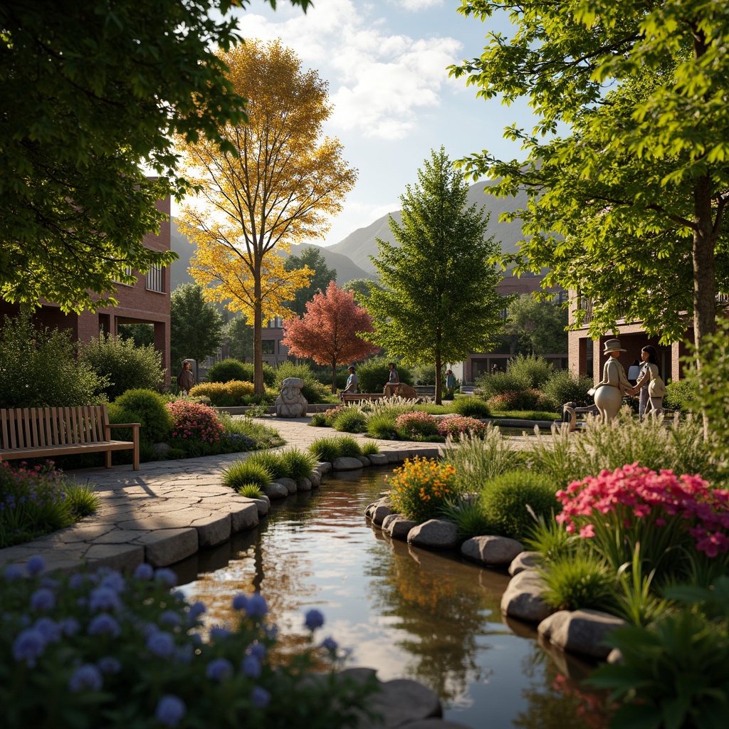 Prompt: Vibrant botanical garden, lush greenery, colorful blooms, natural stone pathways, meandering streams, serene water features, wooden benches, artistic sculptures, rustic outdoor lighting, warm sunset ambiance, shallow depth of field, 3/4 composition, panoramic view, realistic textures, ambient occlusion.