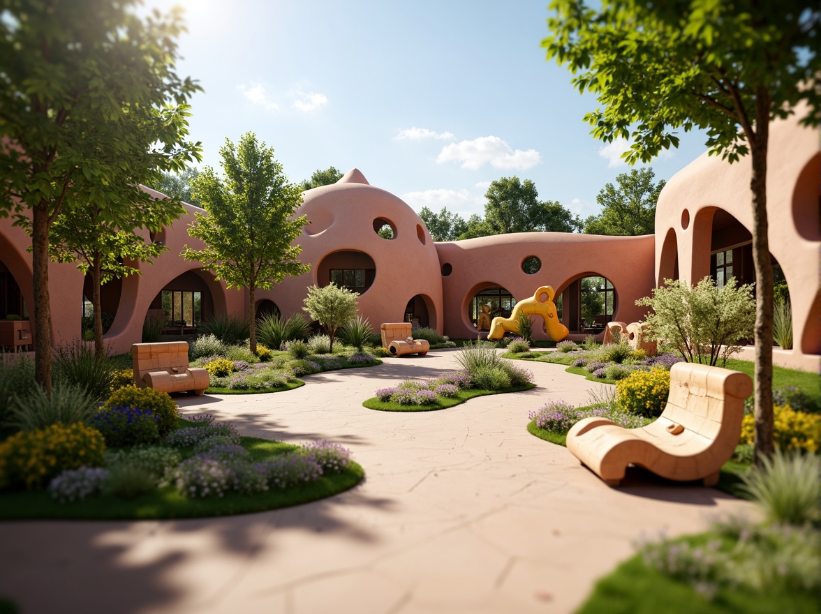 Prompt: Whimsical kindergarten playground, curved lines, organic shapes, vibrant colors, ornate decorations, flowing patterns, natural materials, wooden accents, wavy benches, playful sculptures, blooming flowers, lush greenery, sunny day, soft warm lighting, shallow depth of field, 3/4 composition, panoramic view, realistic textures, ambient occlusion.