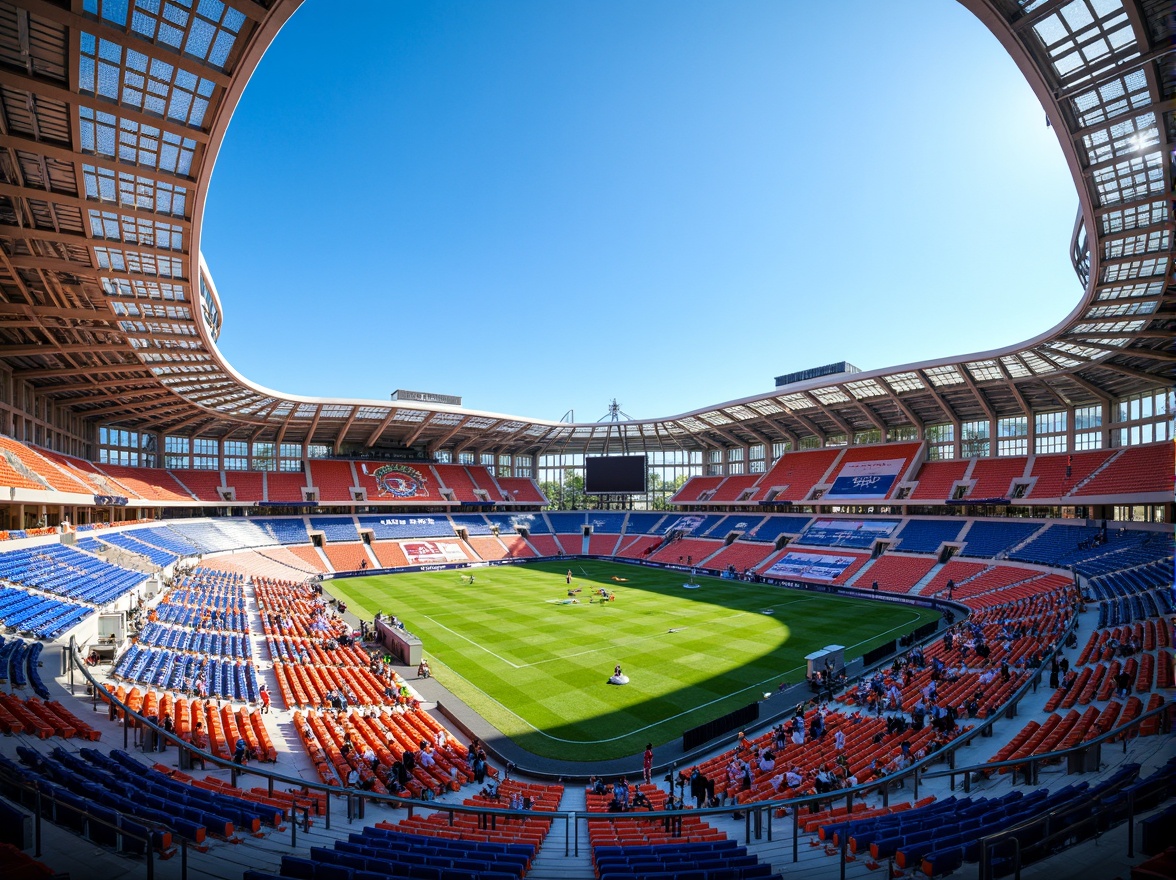 Prompt: Vibrant stadium design, bold color schemes, dynamic seating arrangements, angular lines, modern architecture, sleek metal structures, transparent glass facades, electric lighting systems, energizing color contrasts, high-visibility signage, branding graphics, team spirit accents, crowd-pleasing atmosphere, sunny day, clear blue sky, panoramic view, shallow depth of field, 3/4 composition, realistic textures, ambient occlusion.