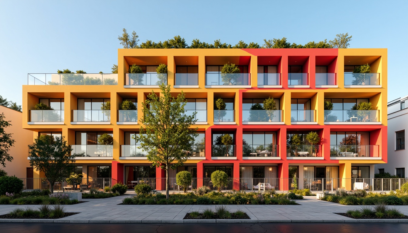 Prompt: Vibrant gymnasium social housing facade, bold color blocking, dynamic angular lines, cantilevered balconies, modern minimalist architecture, large glazed windows, sliding glass doors, sleek metal handrails, urban cityscape background, afternoon sunny day, soft warm lighting, shallow depth of field, 3/4 composition, panoramic view, realistic textures, ambient occlusion, communal outdoor spaces, social interaction areas, playground equipment, green roofs, eco-friendly materials, innovative ventilation systems.