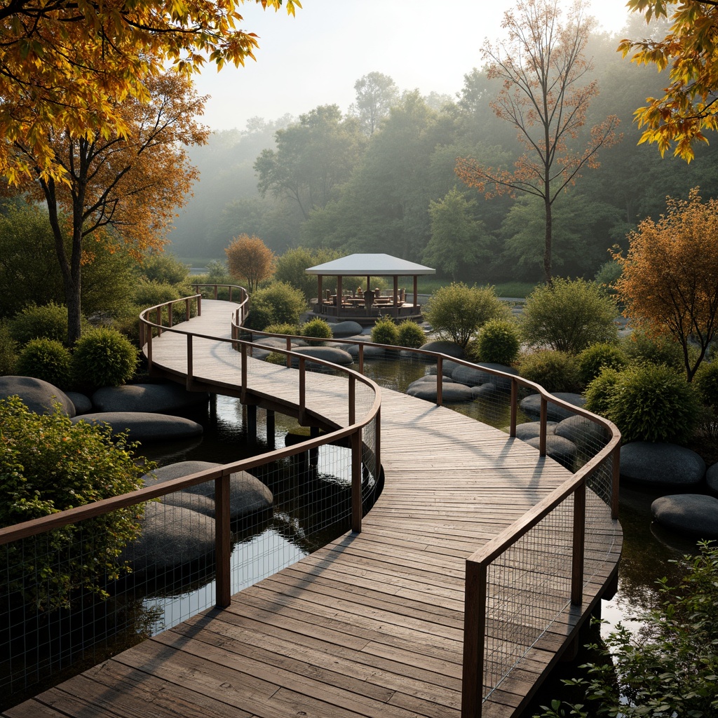 Prompt: Rustic pedestrian bridges, winding wooden paths, lush green forests, serene water features, natural stone piers, steel cable railings, modern minimalist design, curved lines, vibrant autumn foliage, misty morning atmosphere, soft warm lighting, shallow depth of field, 3/4 composition, panoramic view, realistic textures, ambient occlusion.