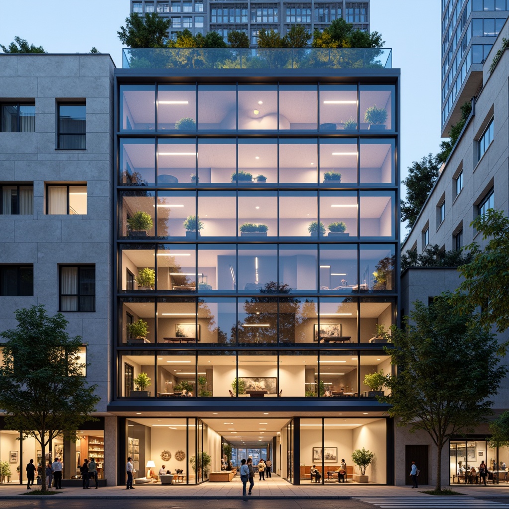 Prompt: Elegant building facade, modern minimalist style, neutral color palette, large glass windows, sleek metal frames, subtle LED lighting, natural stone cladding, intricate geometric patterns, functional shading devices, energy-efficient systems, optimized insulation, climate-responsive design, urban cityscape, bustling street life, soft warm afternoon light, shallow depth of field, 1/2 composition, realistic textures, ambient occlusion.