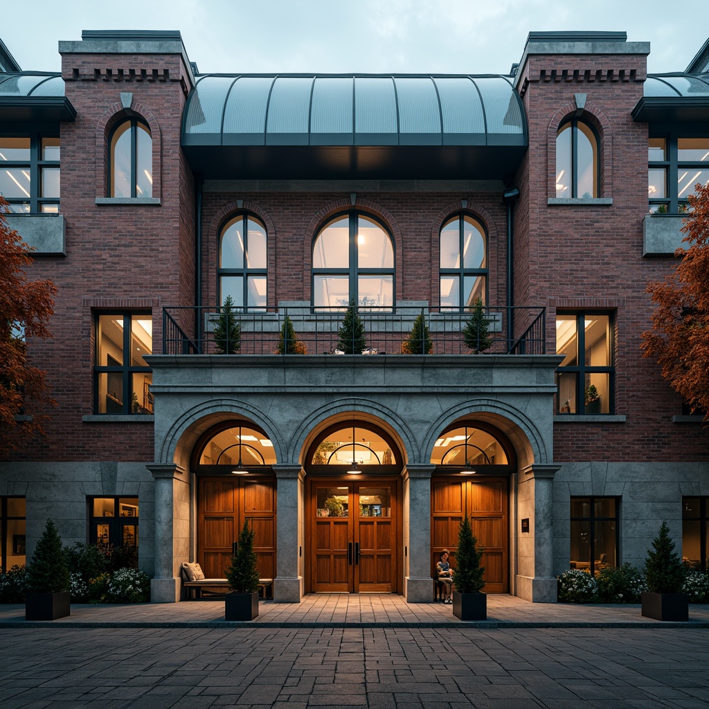 Prompt: Rustic gymnasium facade, eclectic architectural style, distressed brick walls, ornate stone carvings, grand arched windows, heavy wooden doors, metallic roof accents, vibrant color scheme, dynamic geometric patterns, asymmetrical composition, dramatic shadow play, high-contrast lighting, atmospheric fog effect, 1/2 composition, shallow depth of field, cinematic camera angle.