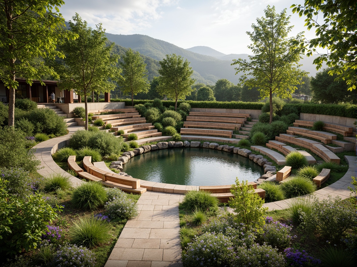 Prompt: Natural amphitheater setting, lush green hills, serene water features, walking trails, wooden benches, stone seating areas, curved staircases, harmonious landscape integration, organic architecture, earthy tones, natural materials, blending with surroundings, soft warm lighting, shallow depth of field, 3/4 composition, panoramic view, realistic textures, ambient occlusion.