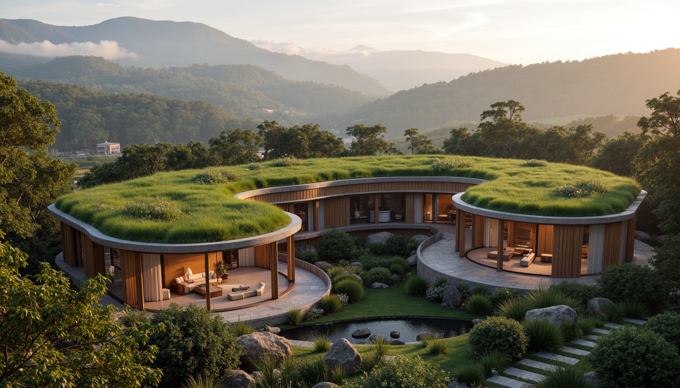 Prompt: Harmonious building facade, natural stone walls, curved lines, lush green roofs, cantilevered structures, large windows, sliding glass doors, open floor plans, minimalist interiors, sleek metal accents, warm wooden tones, ambient lighting, soft shadows, blurred boundaries, organic shapes, seamless transitions, surrounding landscape, rolling hills, meandering paths, native plant species, seasonal changes, misty mornings, warm sunlight, atmospheric perspective, 1/2 composition, cinematic view.