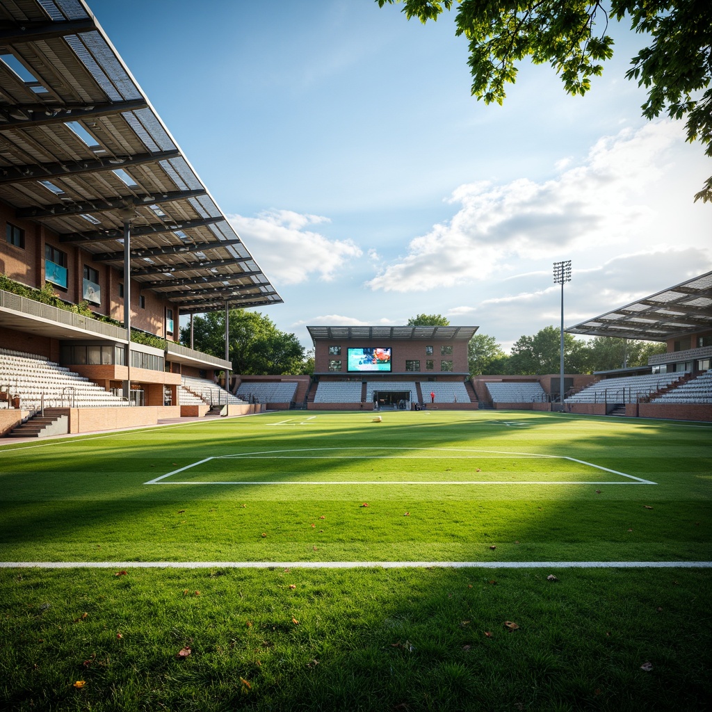 Prompt: Vibrant sports stadium, lush green grass, natural light pouring in, transparent roof panels, cantilevered bleachers, steel frames, modern architecture, grandstand seating, athletic track, soccer field, basketball court, tennis courts, Olympic-sized pool, sports equipment storage, lockers and showers, warm wooden accents, rustic stone walls, dynamic shadows, high-contrast lighting, 1/2 composition, shallow depth of field, realistic textures, ambient occlusion.