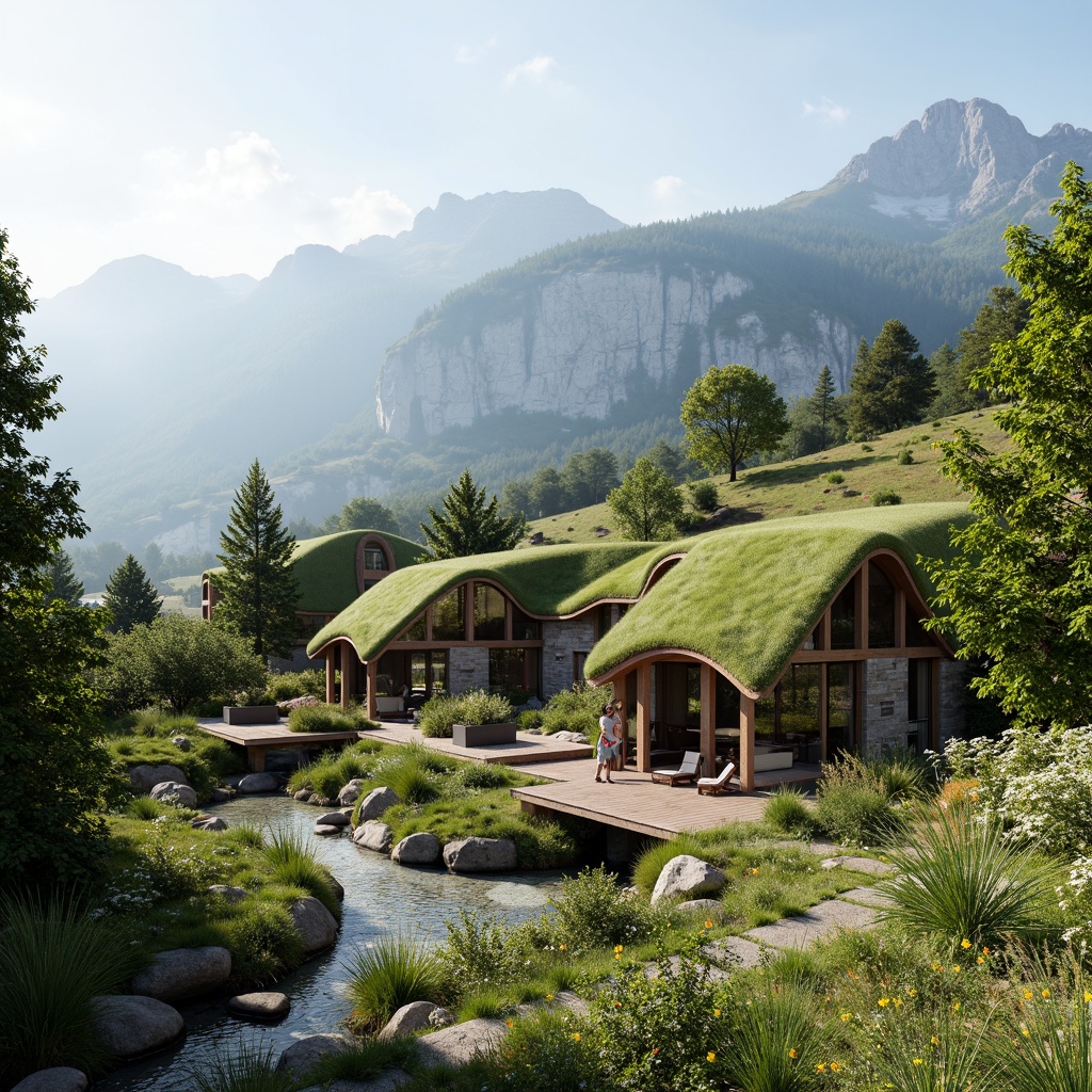 Prompt: Serene mountainous backdrop, lush green roofs, natural stone walls, curved building lines, cantilevered overhangs, wooden decking, outdoor seating areas, water features, small ponds, walking trails, native plant species, wildflower meadows, soft misty atmosphere, warm sunny day, shallow depth of field, 1/2 composition, panoramic view, realistic textures, ambient occlusion.