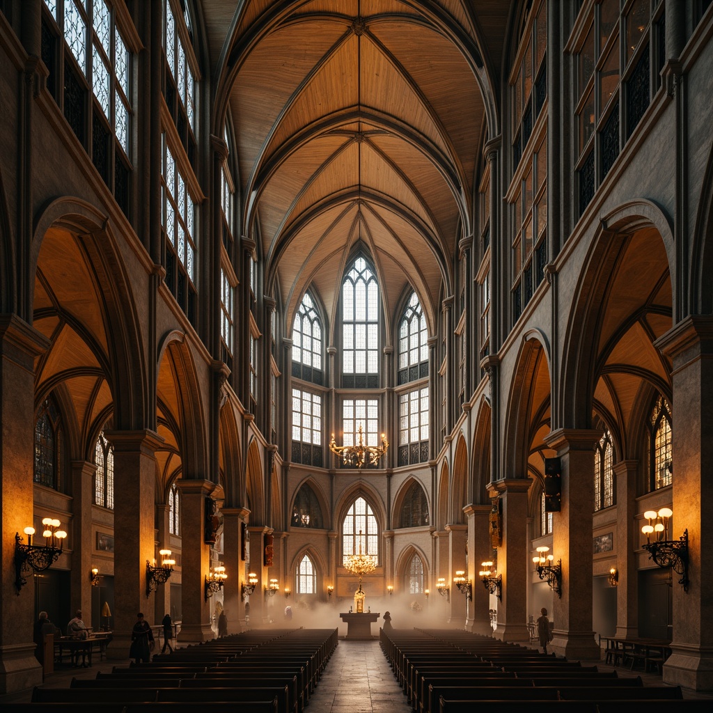 Prompt: Grand Gothic cathedral, ribbed vaults, flying buttresses, stunning stained glass windows, intricate stone carvings, ornate metalwork, innovative steel structures, bold arches, dramatic verticality, mystical ambiance, warm golden lighting, shallow depth of field, 1/1 composition, realistic textures, ambient occlusion, atmospheric fog, mysterious atmosphere.