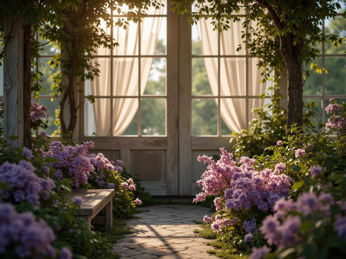 Prompt: Pastel purple flowers, delicate tendrils, soft green foliage, whimsical garden scenery, vintage ornate benches, distressed wooden accents, romantic lace curtains, warm golden lighting, shallow depth of field, 1/2 composition, intimate close-up shots, realistic textures, ambient occlusion, gentle color grading, dreamy atmosphere.