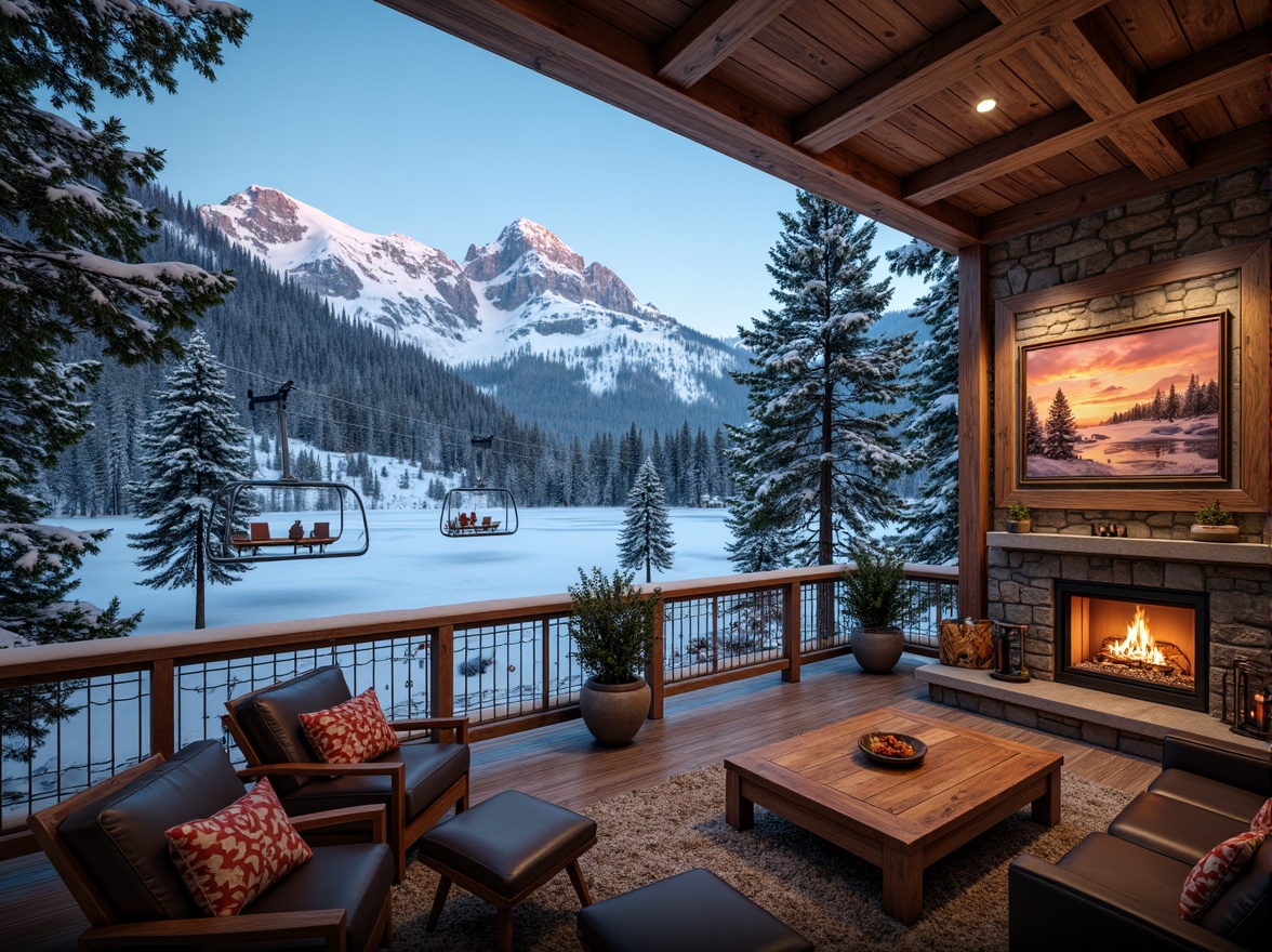 Prompt: Snow-capped mountain peaks, frosty pine trees, frozen lakes, ski lifts, snowboarding equipment, warm wooden cabins, cozy fireplaces, rustic stone walls, vintage skiing posters, ornate metal railings, intricate wood carvings, luxurious leather furniture, ambient soft lighting, shallow depth of field, 1/1 composition, realistic textures, ambient occlusion.