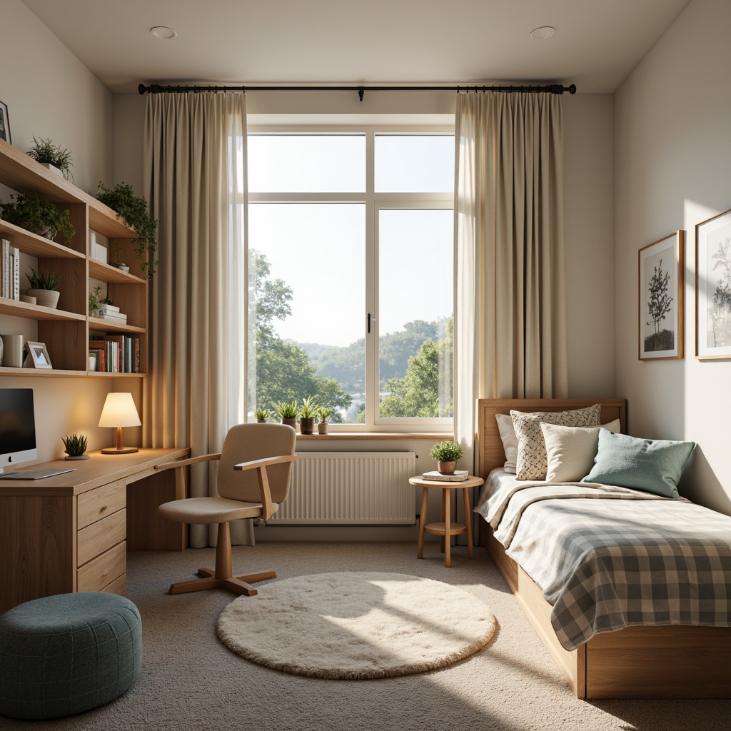 Prompt: Cozy dorm room, soft warm lighting, calming atmosphere, natural wood furniture, plush carpets, creamy whites, soothing blues, muted greens, earthy tones, minimalist decor, functional storage, comfortable bedding, geometric patterns, subtle textures, relaxing ambiance, serene color scheme, gentle contrast, harmonious hues.