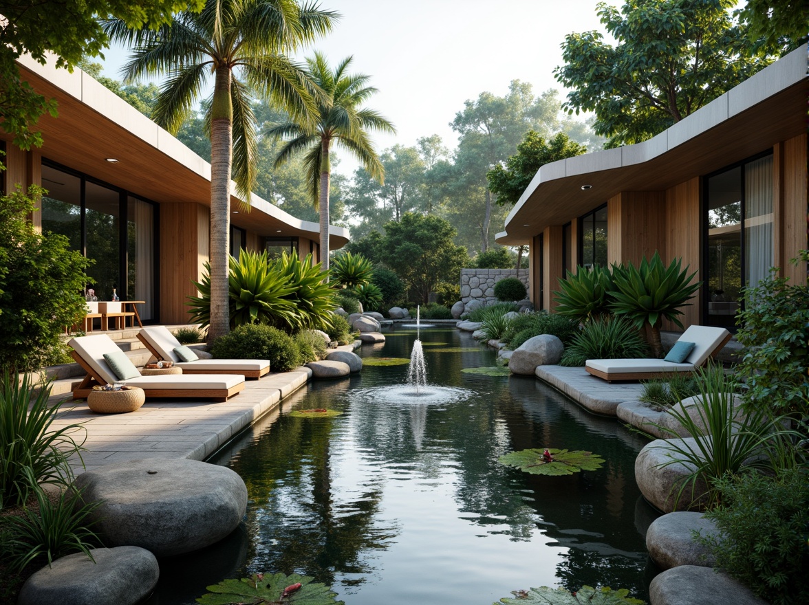 Prompt: Lush tropical plants, serene water features, natural stone walls, wooden accents, modern greenhouse architecture, curved glass roofs, sliding glass doors, misting systems, warm humid climate, soft diffused lighting, shallow depth of field, 3/4 composition, panoramic view, realistic water textures, ambient occlusion, tranquil pond, flowing fountain, aquatic plants, fish swimming, rippling water effects.