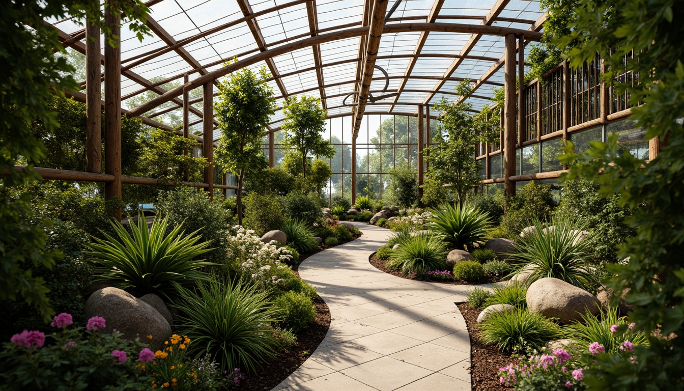 Prompt: Tropical greenhouse, lush greenery, exotic flowers, natural stone pathways, wooden trellises, bamboo structures, recycled metal frames, translucent polycarbonate roofing, energy-efficient glass panels, living walls, vertical gardens, misting systems, warm soft lighting, shallow depth of field, 3/4 composition, panoramic view, realistic textures, ambient occlusion.