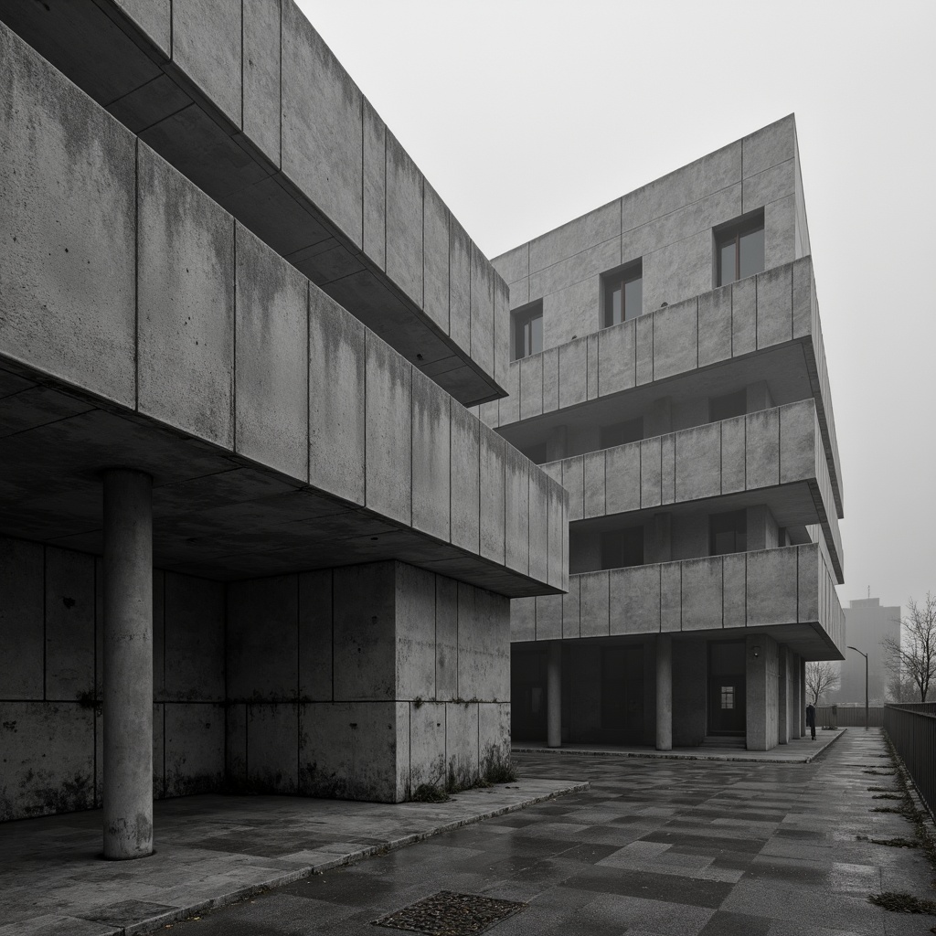 Prompt: Rugged concrete exterior, brutalist architecture, industrial aesthetic, raw unfinished surfaces, poured-in-place concrete walls, exposed aggregate textures, weathered patina, monumental scale, dramatic lighting effects, misty atmospheric conditions, mysterious shadows, geometric shapes, abstract compositions, 1/1 aspect ratio, high-contrast monochrome tones, subtle color grading.