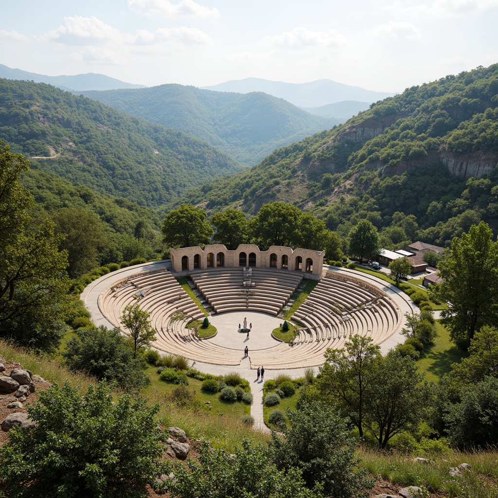 Prompt: Amphitheater-like structure, integrated into natural landscape, lush green hills, scenic overlooks, native plant species, meandering walkways, rainwater harvesting systems, grey water reuse, solar panels, wind turbines, recycled materials, low-carbon footprint, organic shapes, curvaceous lines, earthy tones, natural ventilation, abundant daylight, panoramic views, 3/4 composition, shallow depth of field, warm soft lighting, realistic textures, ambient occlusion.