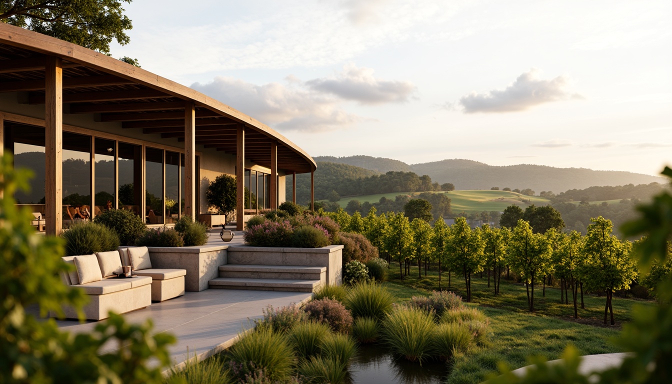 Prompt: Rustic winery facade, vineyard landscape, rolling hills, lush greenery, wooden accents, stone walls, modern minimalist design, large glass windows, sliding doors, curved lines, sleek metal frames, natural materials, earthy tones, warm ambient lighting, soft focus effect, shallow depth of field, 2/3 composition, scenic views, realistic textures, atmospheric mist.