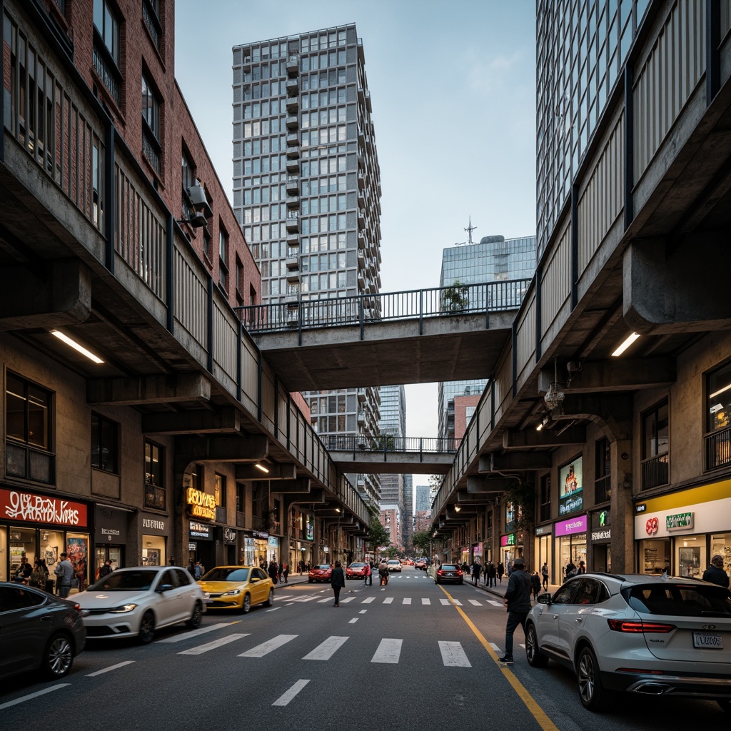 Prompt: Rugged pedestrian bridge, brutalist architecture, raw concrete surfaces, exposed ductwork, industrial metal railings, weathered steel beams, asymmetrical structure, bold geometric forms, dramatic cantilevers, urban cityscape, busy streets, vibrant street art, moody lighting, heavy shadows, 1/2 composition, low-angle shot, gritty textures, ambient occlusion.