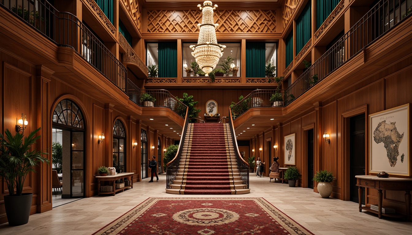 Prompt: Grand staircase, ornate metalwork, rich wood paneling, luxurious velvet drapes, geometric patterned rugs, elegant chandeliers, polished marble floors, intricate moldings, sophisticated furnishings, vintage decorative accents, bold color schemes, high ceilings, spacious corridors, imposing columns, majestic archways, refined textures, dramatic lighting effects, 1/1 composition, low-angle shot, warm golden tones, subtle depth of field.