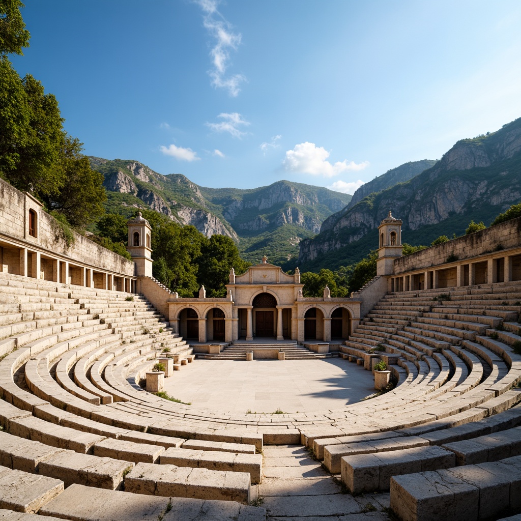 Prompt: Ancient Greek amphitheater, tiered seating, natural stone walls, curved architecture, open-air design, surrounding mountains, lush greenery, sunny day, clear blue sky, gentle breeze, natural ventilation, large arches, columned entrance, rustic textures, earthy tones, warm ambient lighting, 3/4 composition, panoramic view.