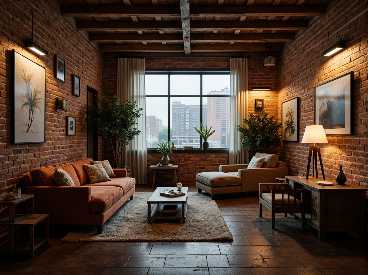 Prompt: Exposed brick walls, reclaimed wood accents, distressed metal beams, vintage decorative lighting, plush area rugs, soft warm textiles, velvety sofas, ornate wooden furniture, rustic wooden tables, pendant lamps, candlelight ambiance, dimmable floor lamps, abstract artwork, industrial-chic decor, urban cityscape views, misty atmospheric lighting, shallow depth of field, 2/3 composition, cinematic color grading.