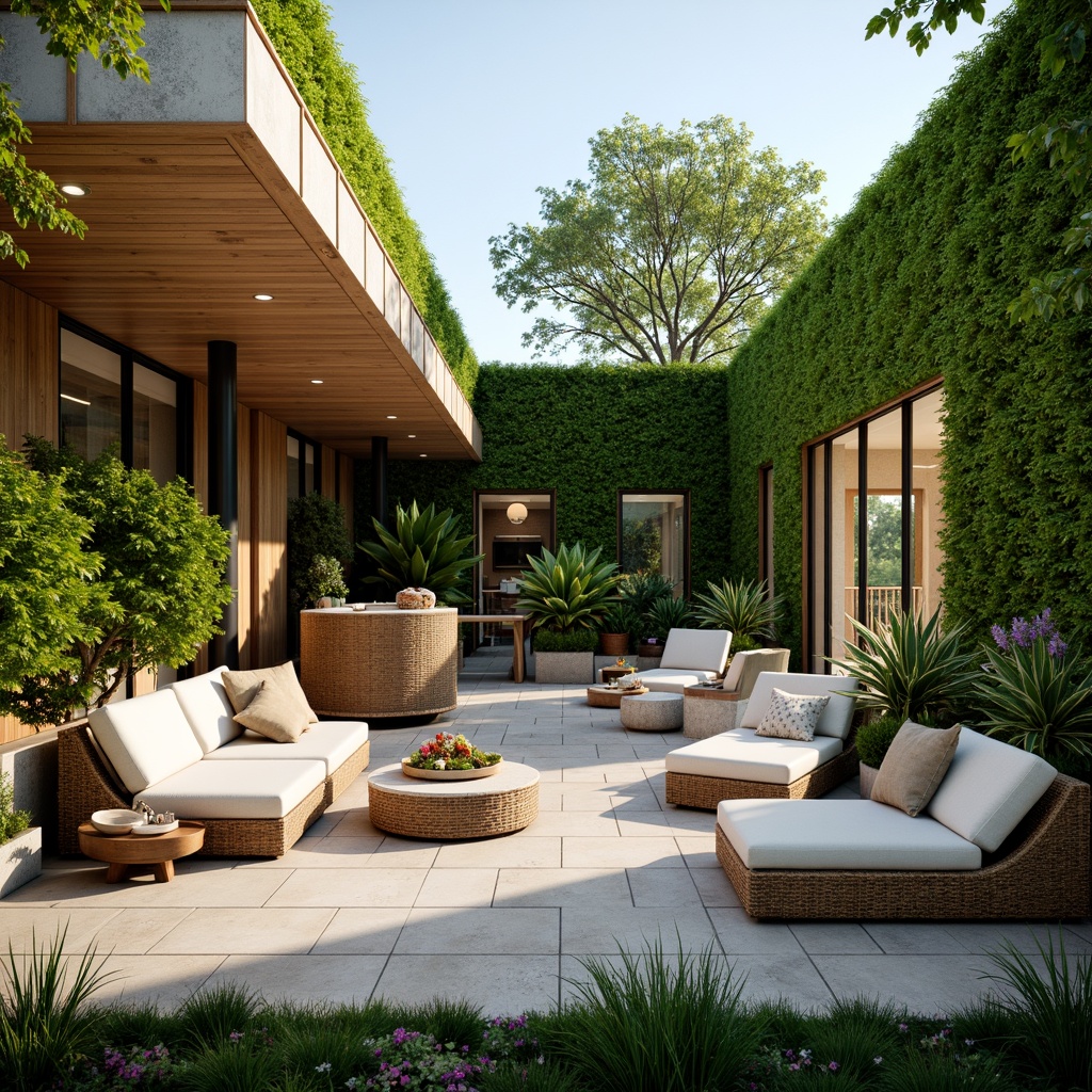 Prompt: Vibrant outdoor seating area, lush green walls, natural stone flooring, wooden accents, floor-to-ceiling windows, sliding glass doors, modern minimalist furniture, ambient lighting, misting system, tropical plants, colorful blooms, warm sunny day, shallow depth of field, 3/4 composition, panoramic view, realistic textures, organic architecture, curved lines, eco-friendly materials, sustainable design, nature-inspired decor, water feature, small pond, outdoor kitchen, alfresco dining, scenic views, romantic ambiance, soft music.