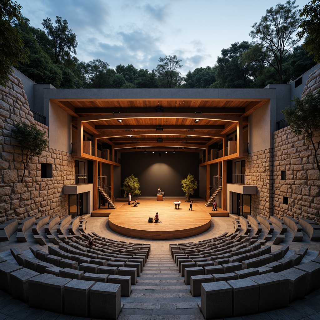 Prompt: Amphitheater architecture, experimental design, acoustic performance, tiered seating, circular stage, soundproofing materials, reverberation control, echo reduction, natural stone walls, wooden accents, minimalist decor, intimate atmosphere, warm ambient lighting, gradient sky, panoramic view, 3/4 composition, realistic textures, ambient occlusion.