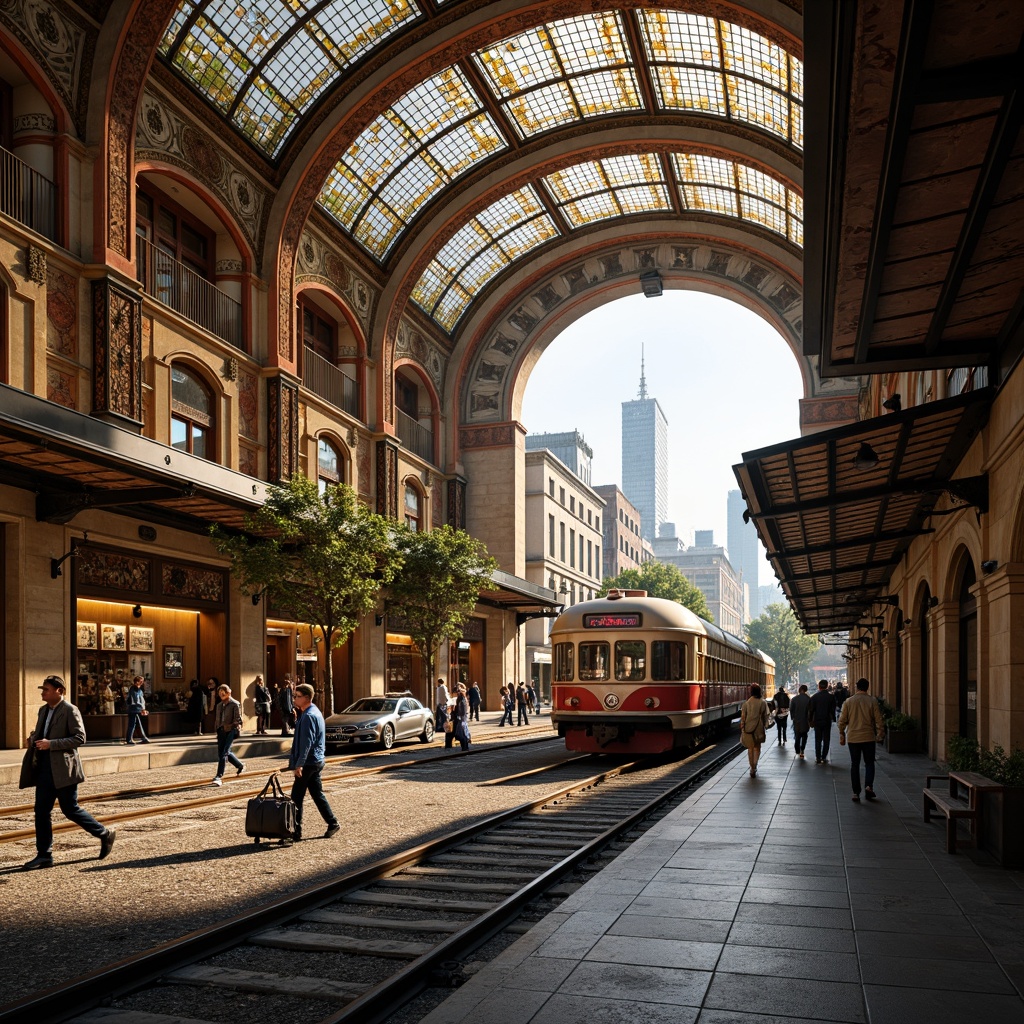 Prompt: Vibrant cityscape, eclectic Art Nouveau train station, curved ornate lines, organic forms, flowing metalwork, stained glass canopies, intricate mosaics, grand entrance halls, sweeping archways, ornate ironwork, vintage luggage carts, bustling platforms, warm golden lighting, shallow depth of field, 1/2 composition, atmospheric perspective, realistic textures, ambient occlusion, urban skyline, modern skyscrapers, busy streets, honking cars.