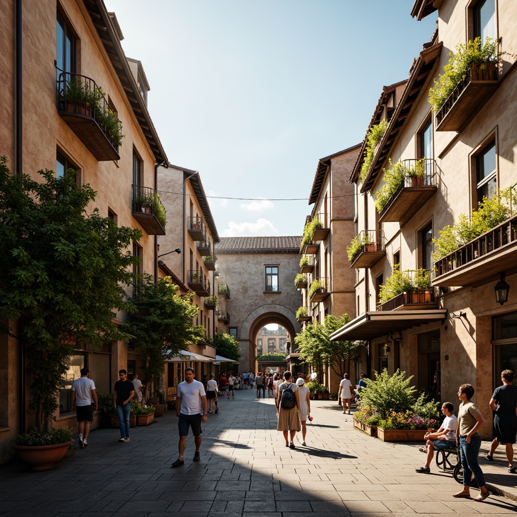 Prompt: Rustic market square, ancient Romanesque buildings, worn stone walls, ornate facades, verdant green roofs, vibrant flower boxes, lush vines, cobblestone streets, bustling crowd scenes, morning sunlight, warm golden lighting, shallow depth of field, 1/2 composition, symmetrical view, realistic textures, ambient occlusion.